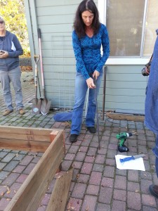 6. Making a garden box: Concrete stakes get attached to each corner -- (easier to level bed than putting the bed).                    